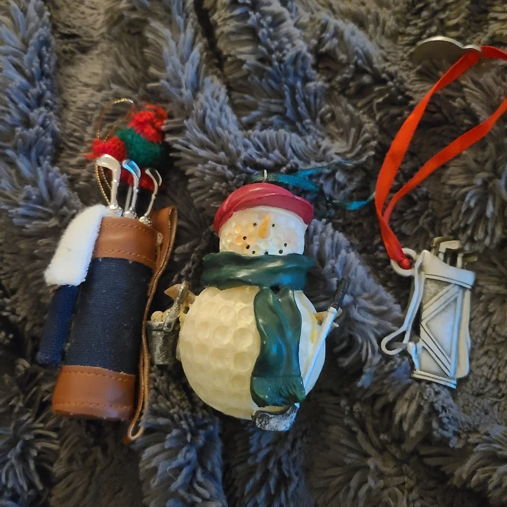 Vintage Tree Ornaments Golf Theme‎ Snowman Bags Of Clubs Set Of Three